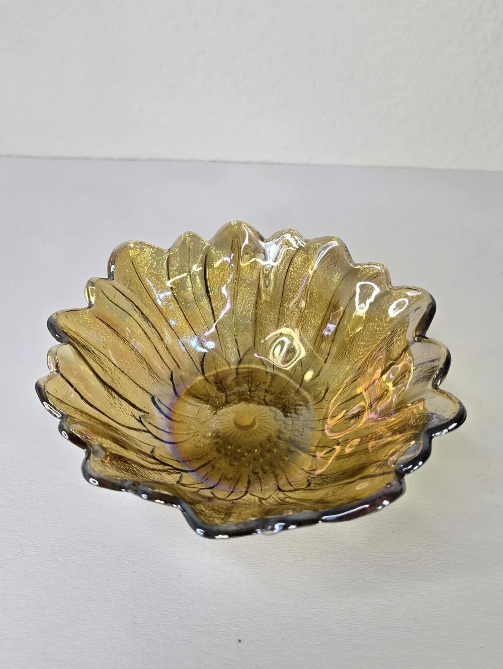 Vintage Indiana Iridescent Carnival Glass Marigold Sunflower Candy/Trinket Dish